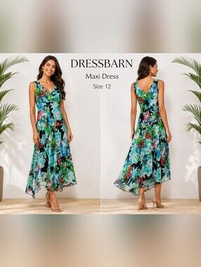 Dressbarn Maxi Dress 12 Tropical Chiffon Asymmetric Diagonal Hip Stretchy Hem